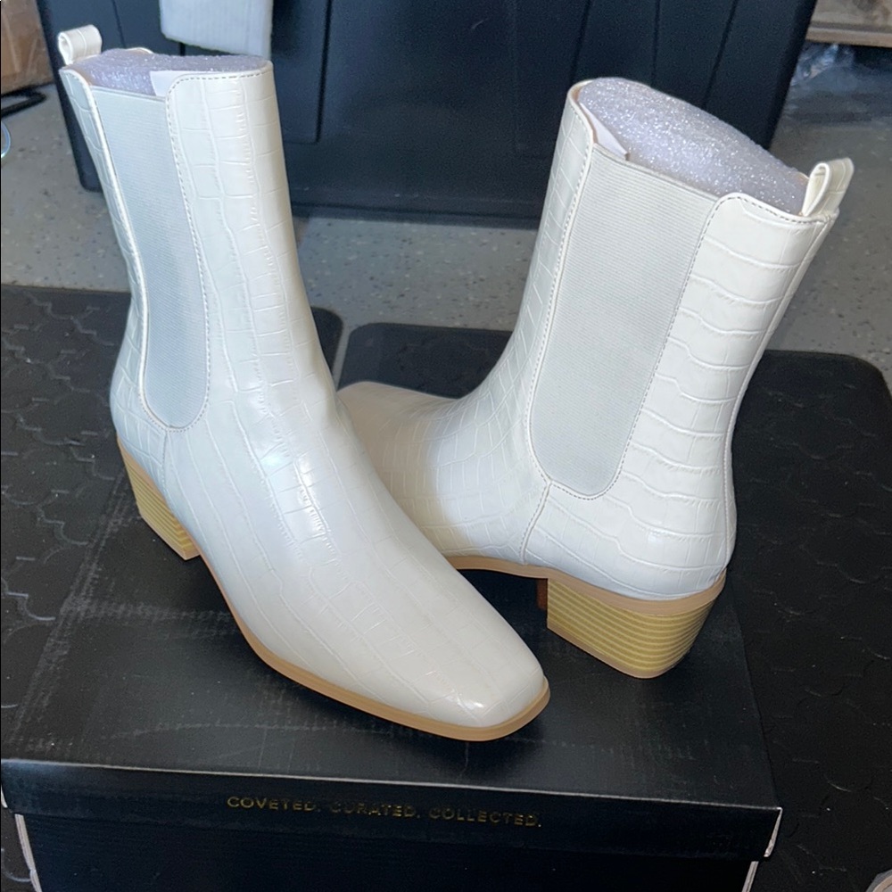 Jaylia Almond Croc-Embossed Square-Toe Ankle Boots